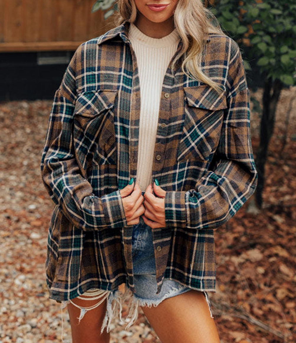 Plaid Print Chest Pockets Buttoned Shirt Jacket
