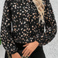 Leopard Print Lantern Sleeve Mock Neck Pleated Blouse