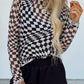 Checkered Pattern Mesh Mock Neck Long Sleeve Top