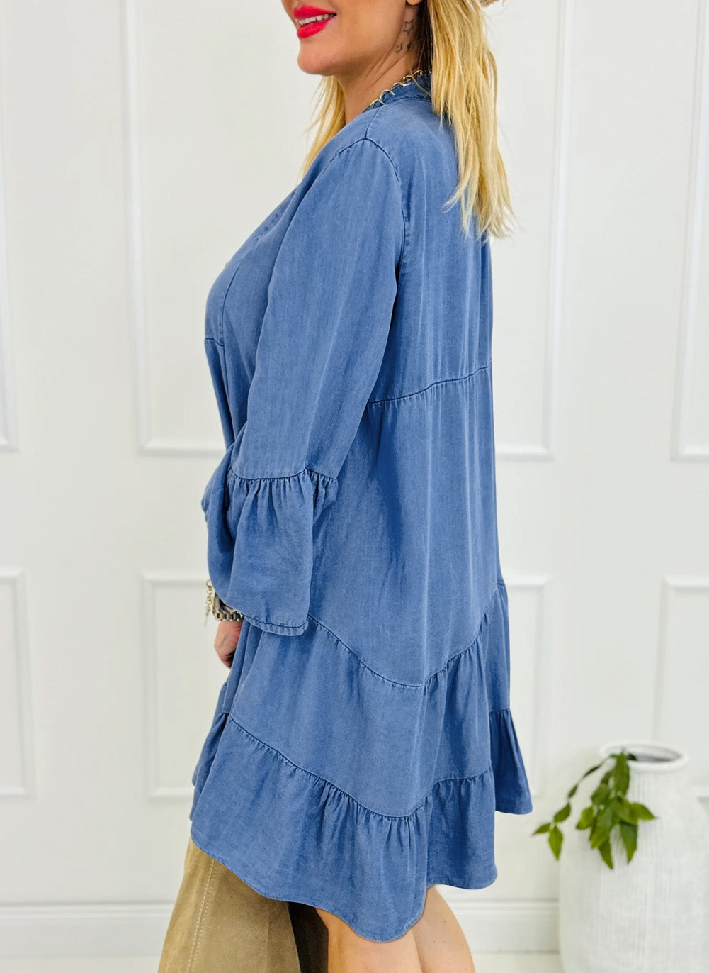 Chambray Ruffled 3/4 Sleeve Tiered Split V Neck Mini Dress
