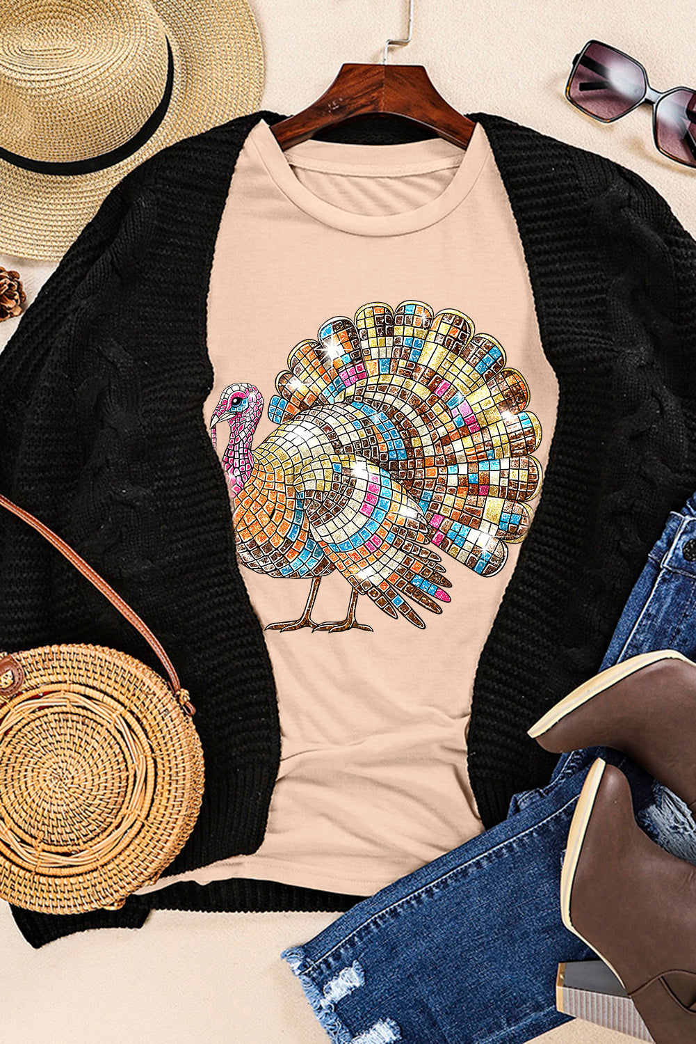 Thanksgiving Turkey Print Round Neck T Shirt