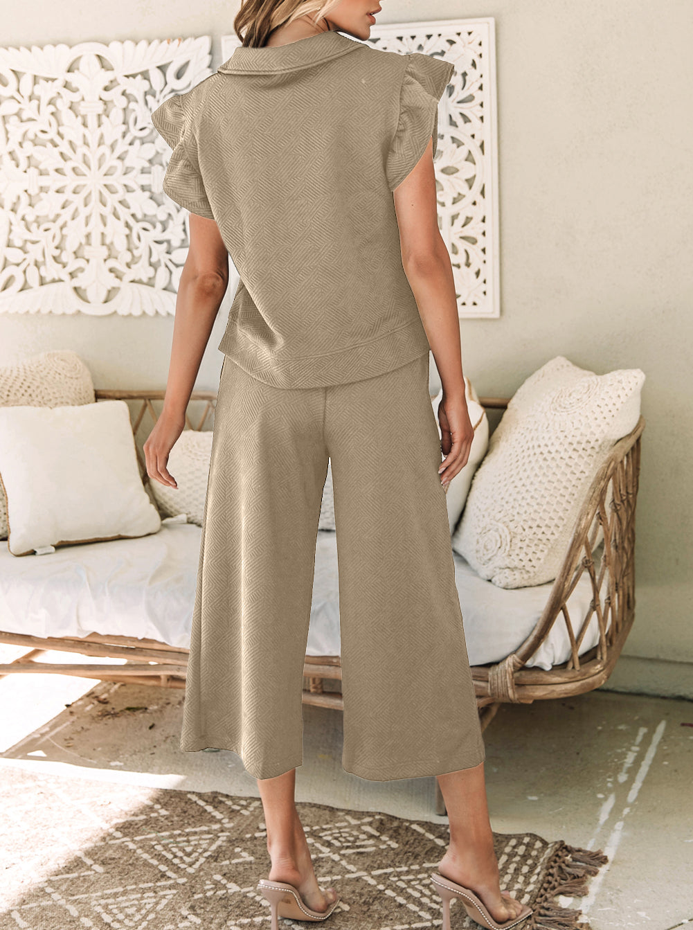 Textured Flutter Sleeve Top Wide Leg Pants Set
