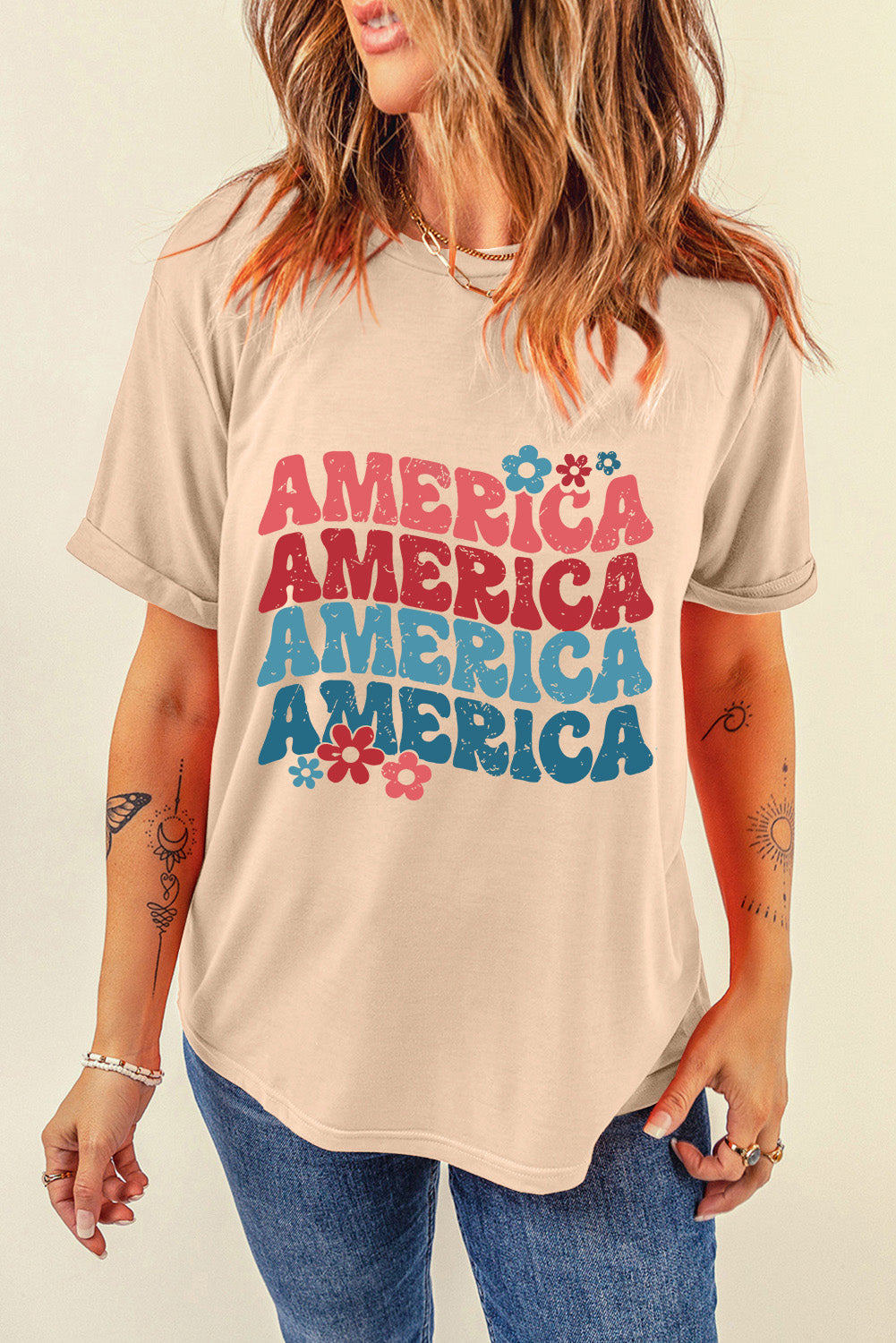 AMERICA Letter Floral Print T Shirt