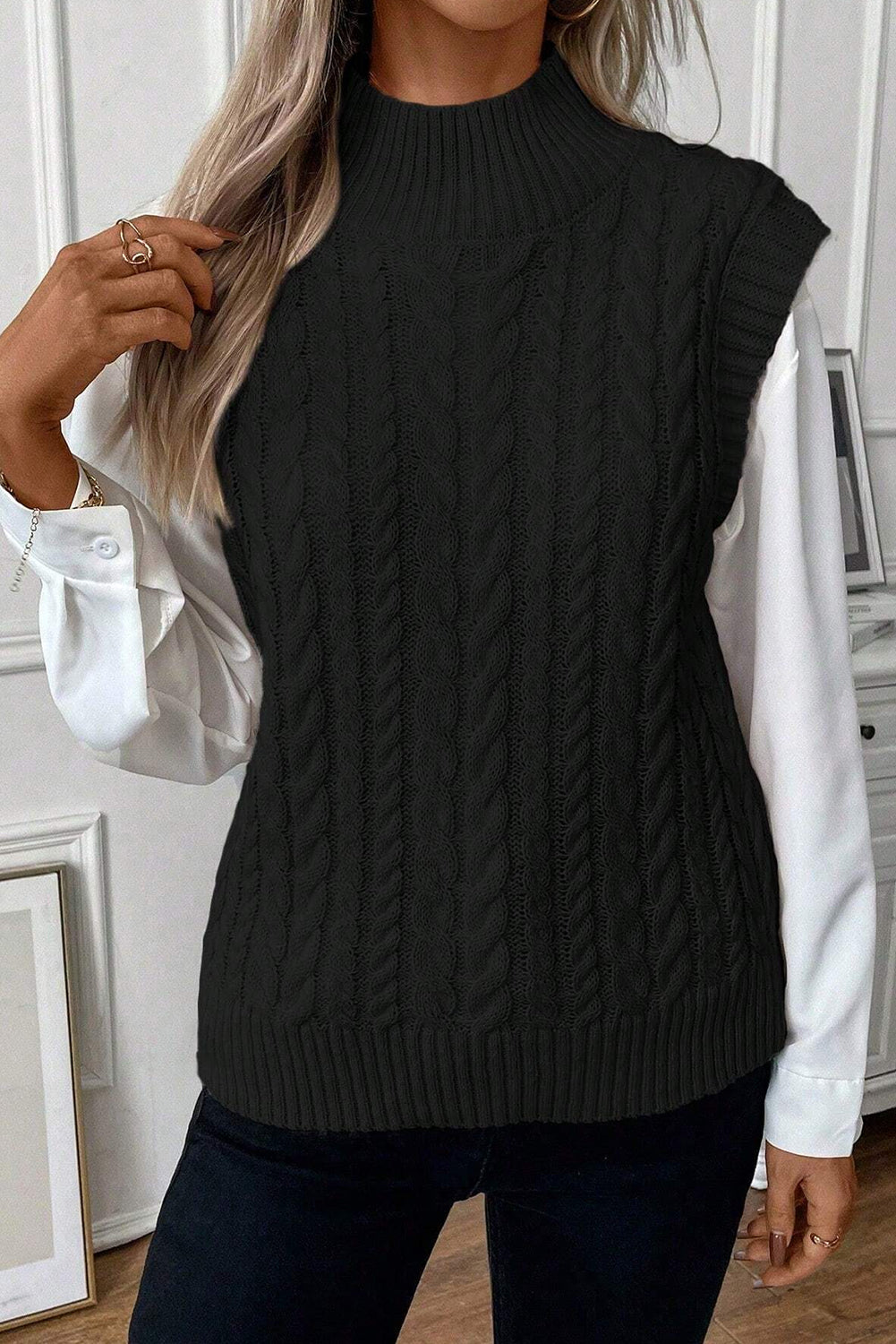 Cable Knit High Neck Sweater Vest