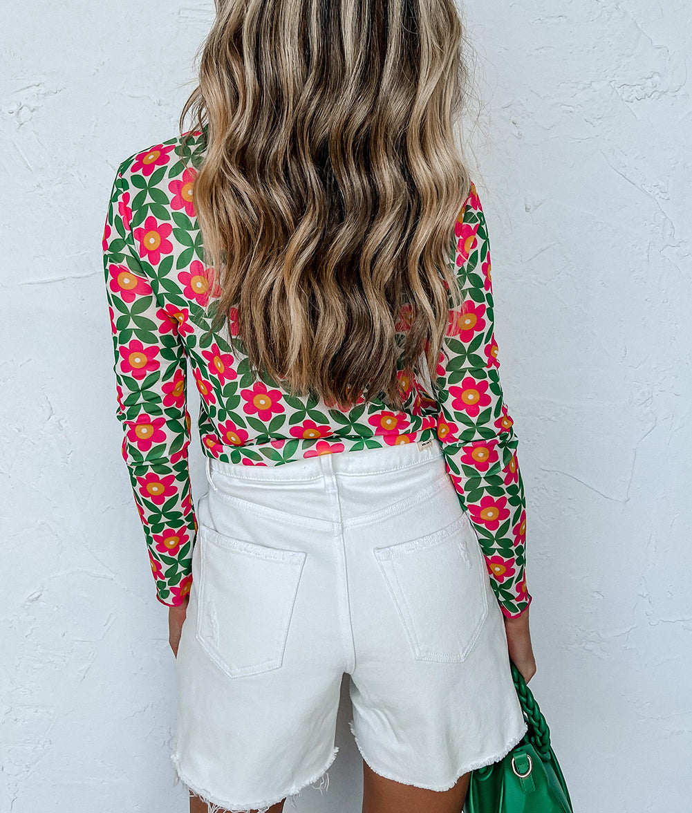 Retro Floral Print Stretchy Long Sleeve Top