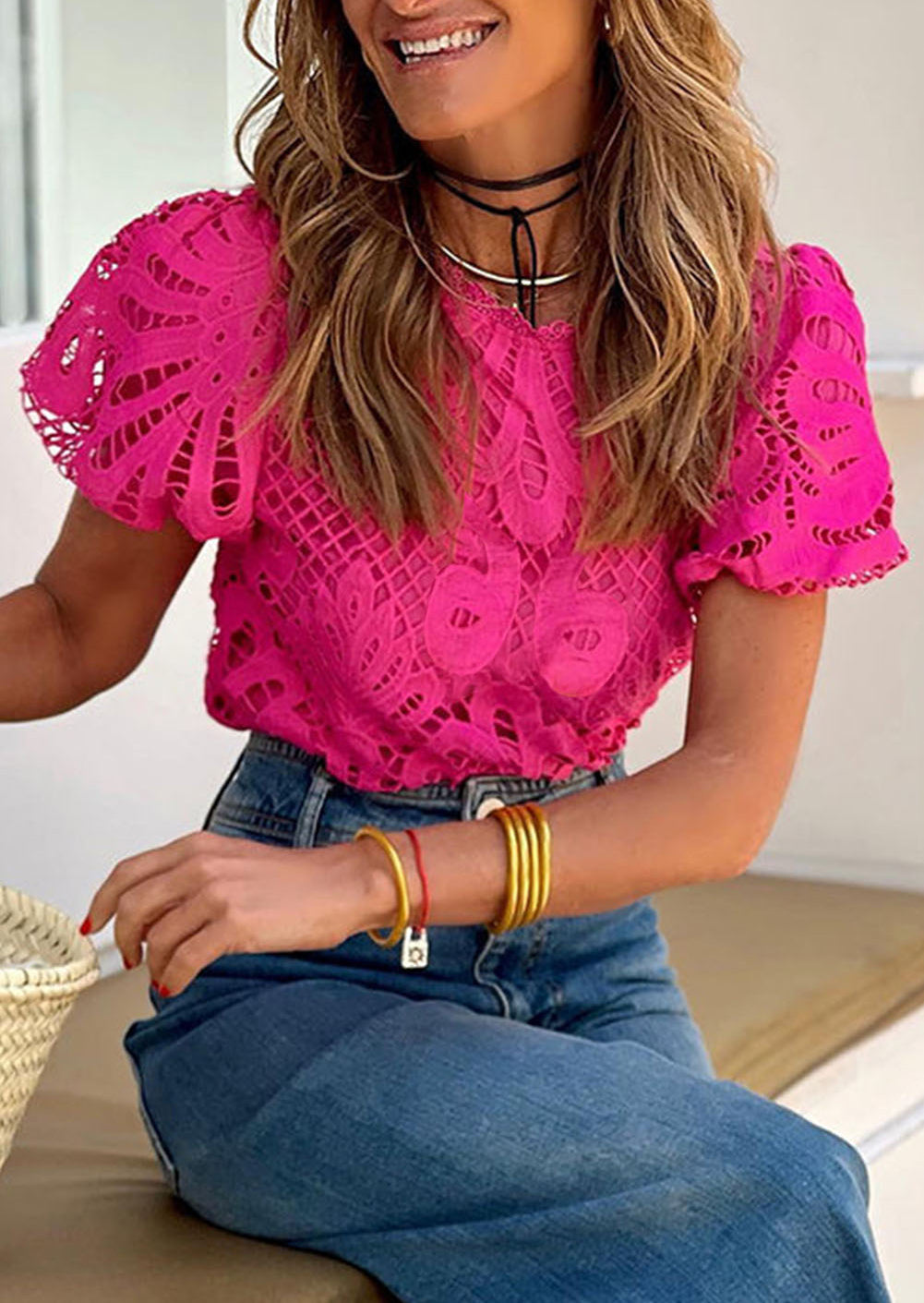 Crochet Lace Hollowed Puff Sleeve Blouse