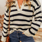 Striped Knit Drop Shoulder Collared V Neck Sweater