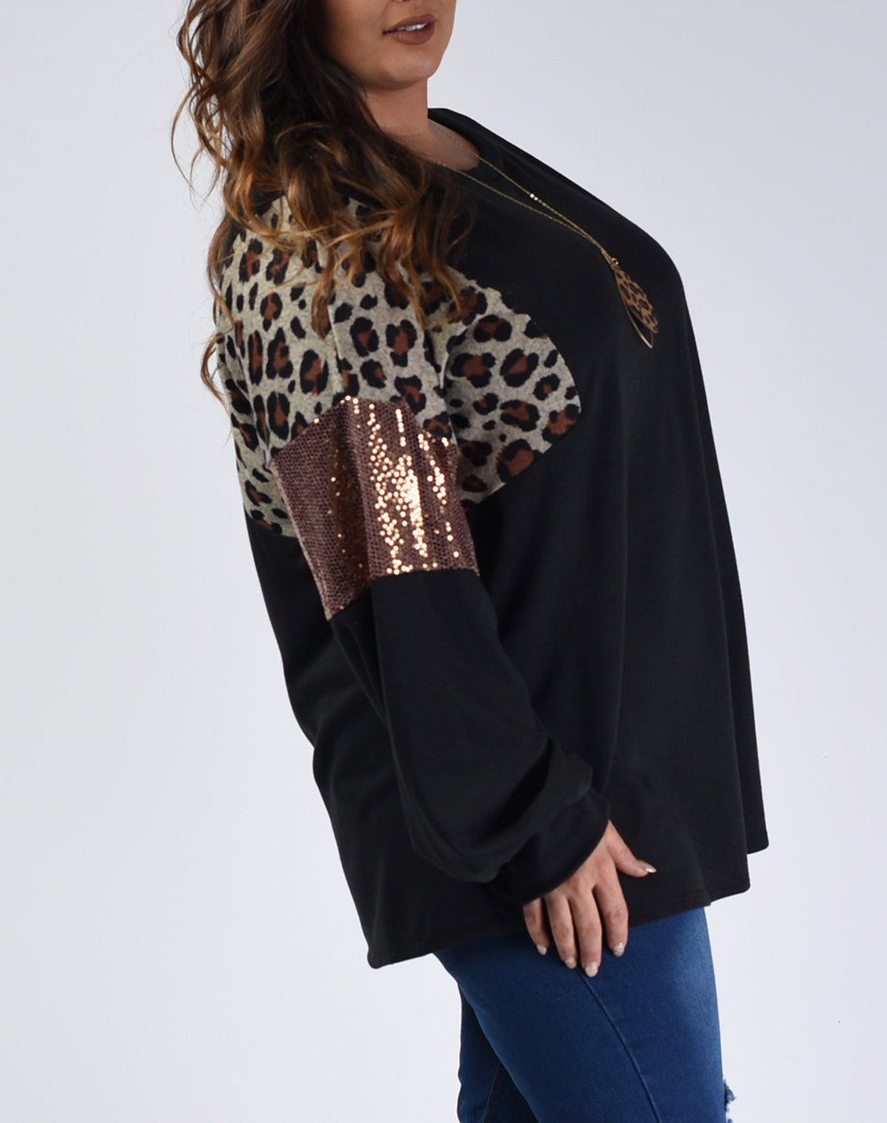 Leopard Sequin Patch Plus Size Long Sleeve Top