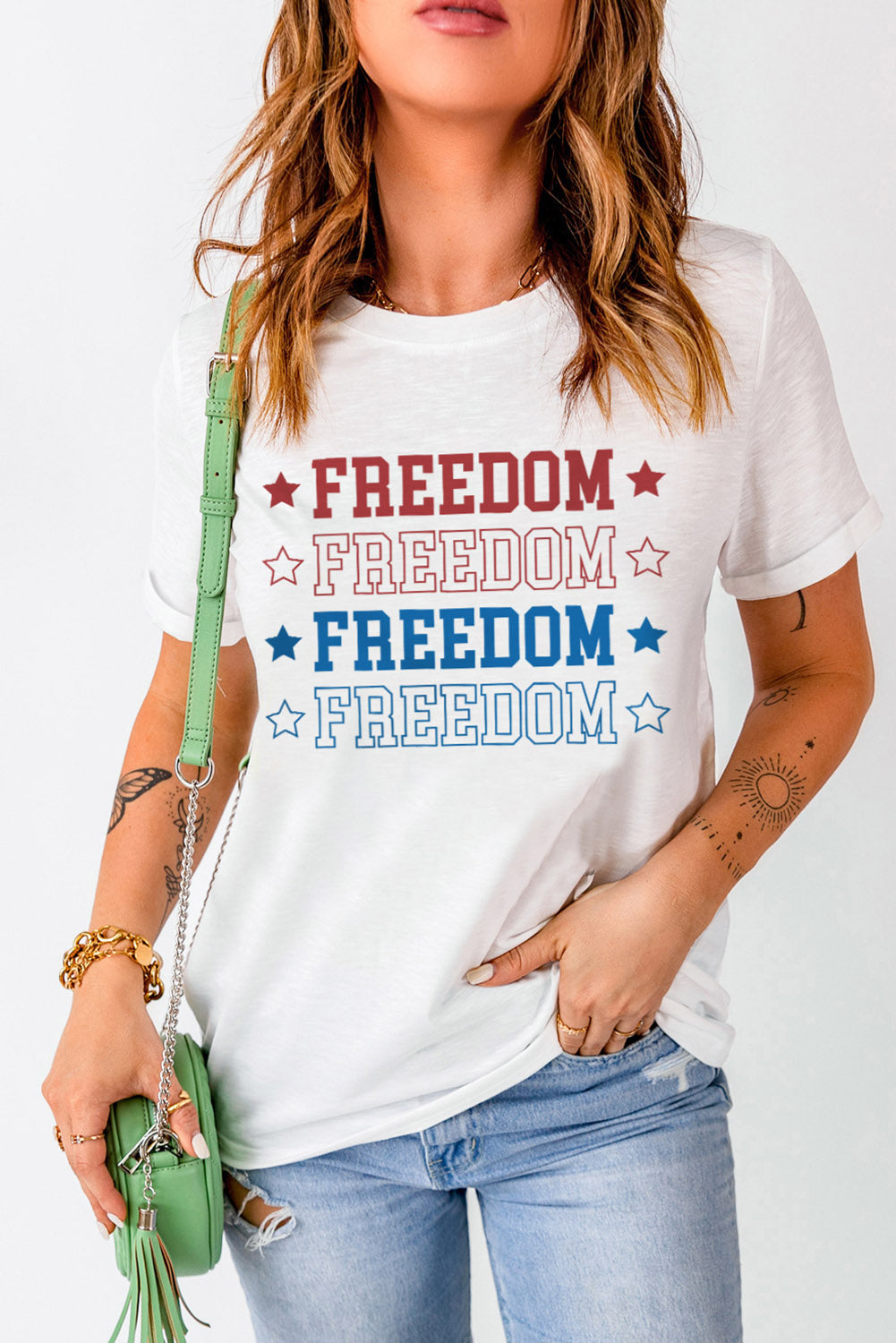White FREEDOM Stars Print Short Sleeve Graphic Tee
