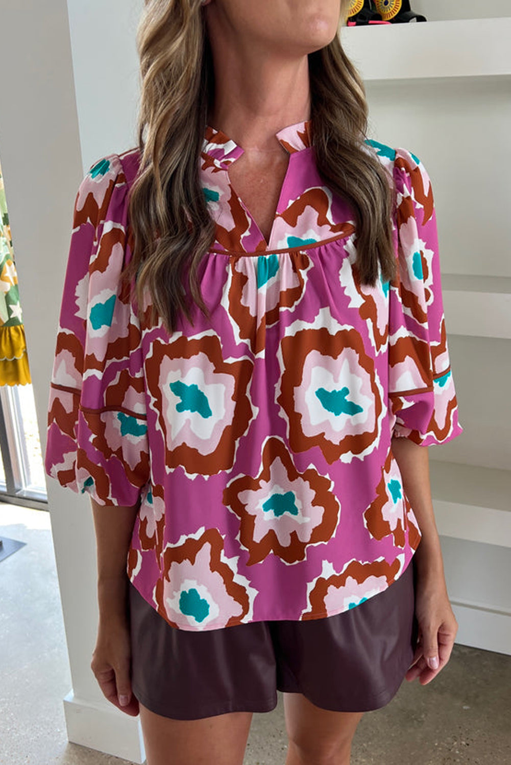 Abstract Print Half Sleeve Notch V Neck Blouse