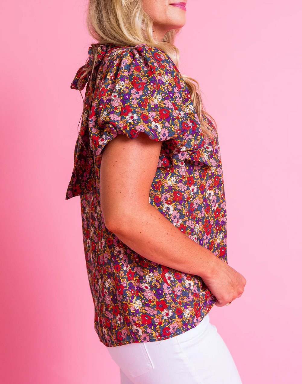 Floral Print Knotted High Neck Puff Sleeve Blouse
