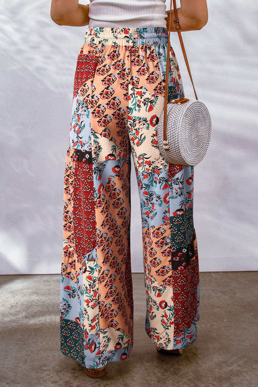 Boho Patchwork Print Drawstring Wide Leg Pants