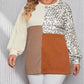 Ribbed Color Block Leopard Splicing Plus Size Top