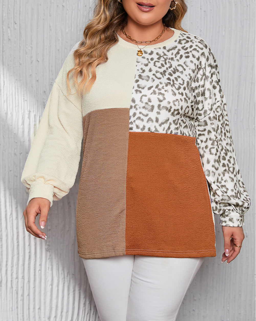 Ribbed Color Block Leopard Splicing Plus Size Top