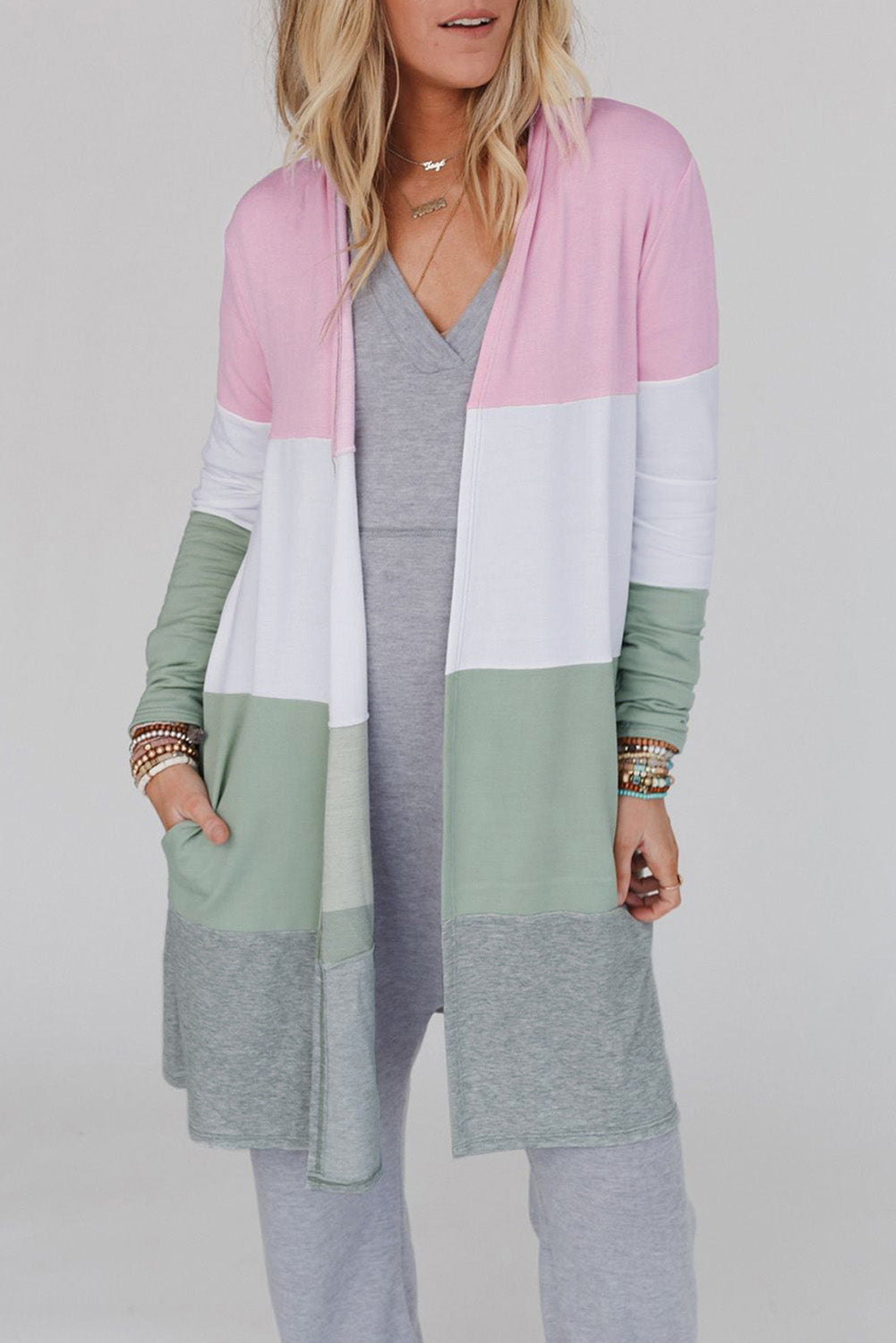 Color Block Pocketed Casual Duster Cardigan