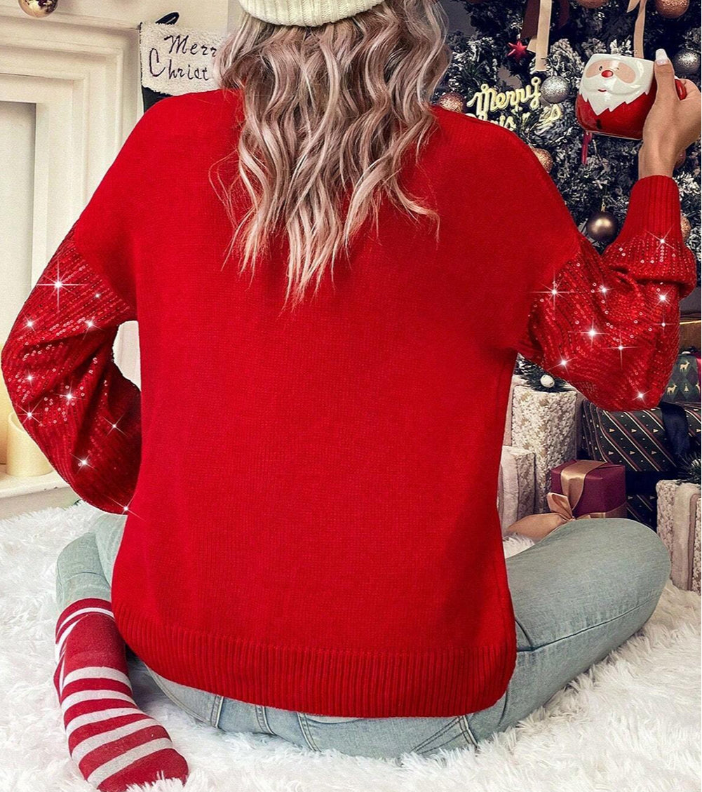 Merry Graphic Sequin Sleeves Christmas Turtleneck Sweater