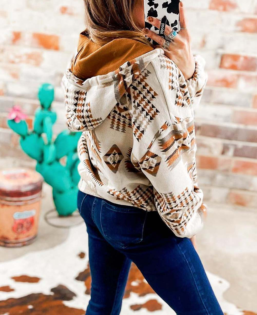 Aztec Print Kangaroo Pocket Half-Zip Hoodie