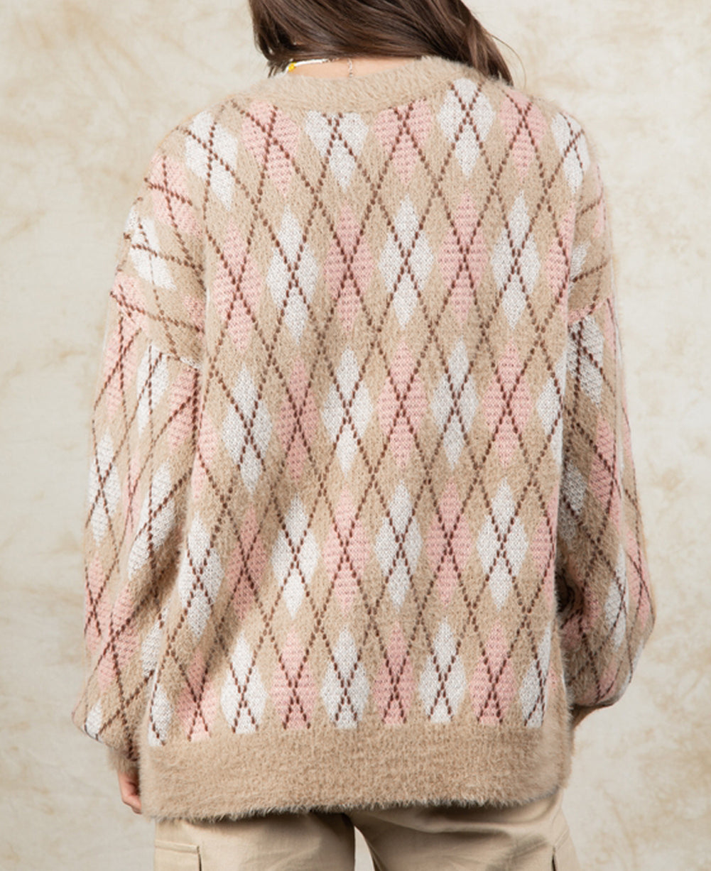 Rhombus Pattern Knit Sweater Cardigan