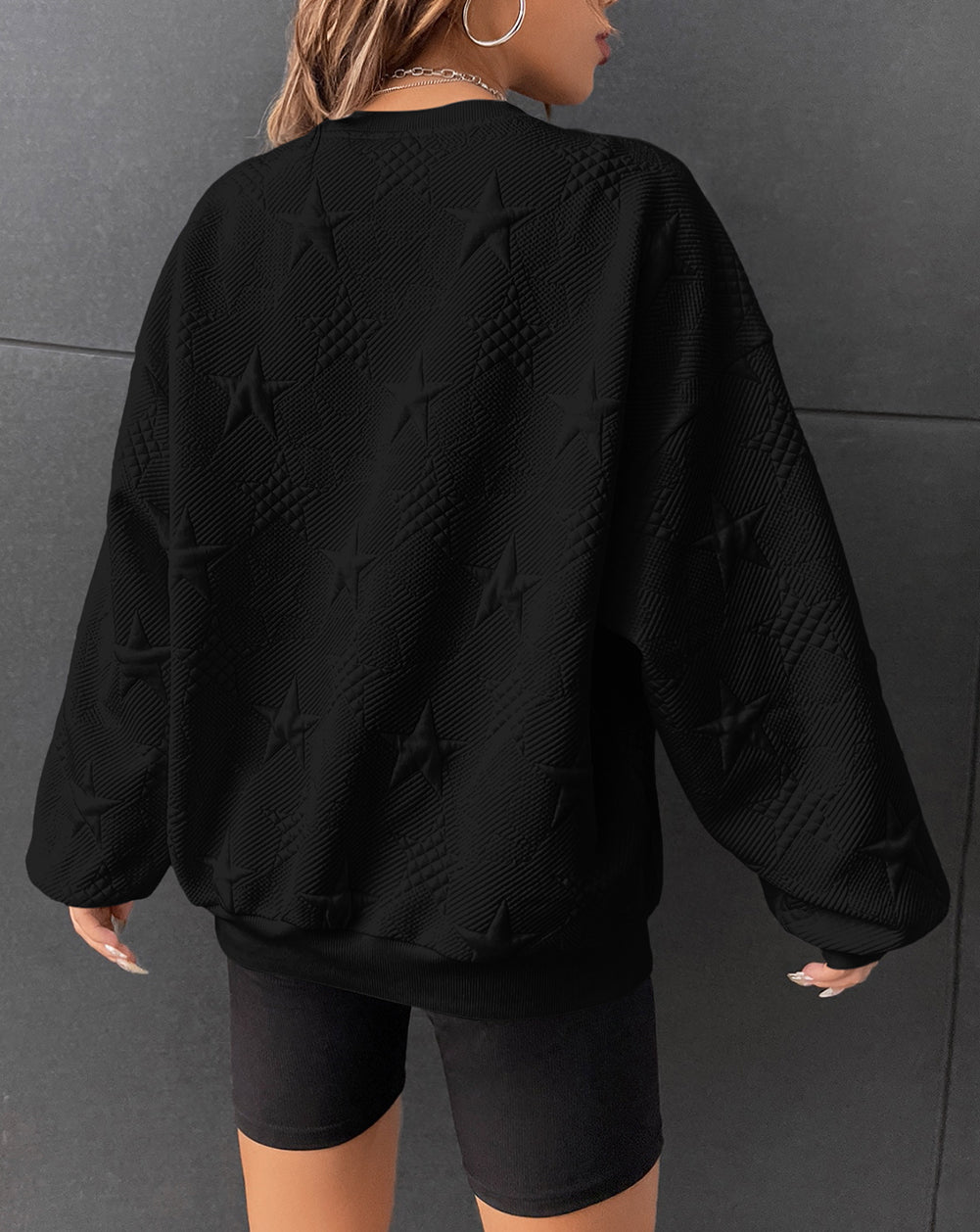 Star Embossed Textured Drop Shoulder Sweatshirt