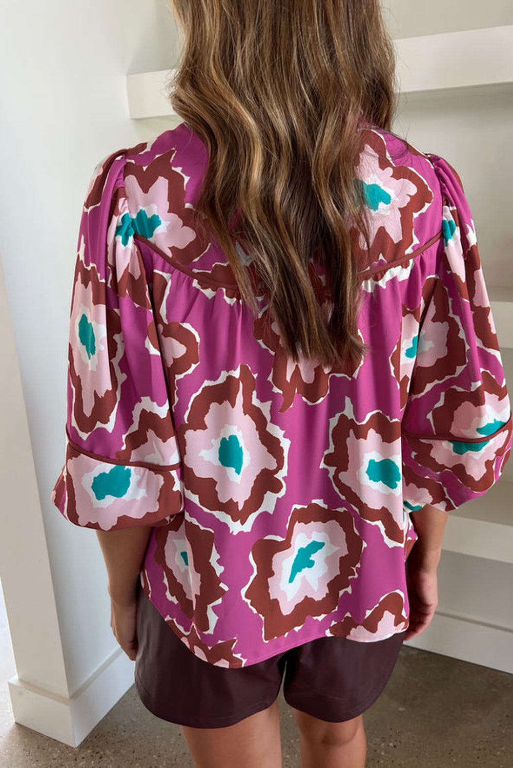 Abstract Print Half Sleeve Notch V Neck Blouse