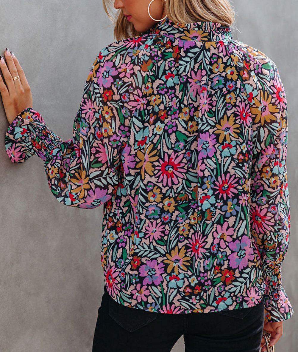 Plus Size Floral Smocked Cuffs V-Neck Blouse