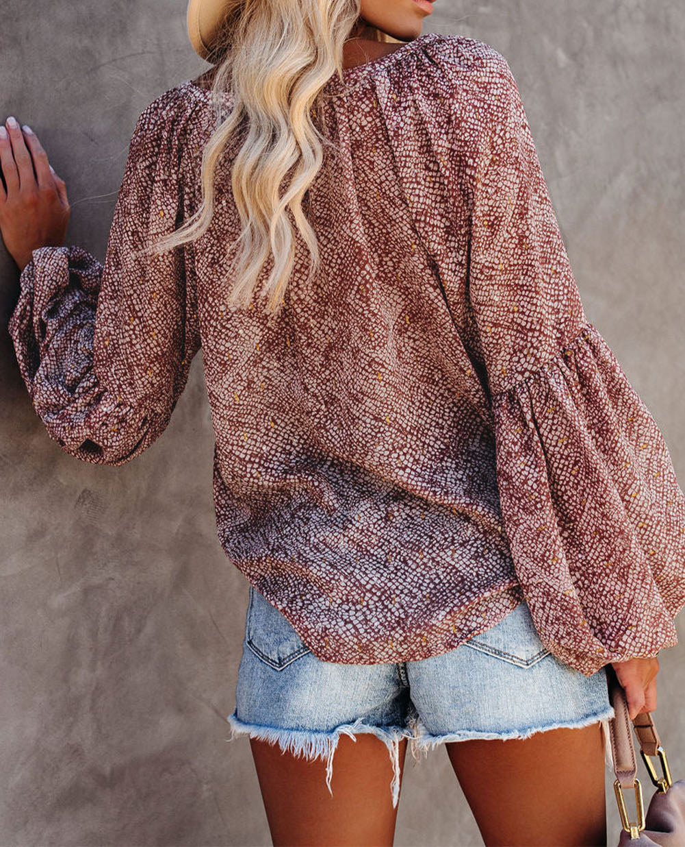 Pleated Lantern Sleeve Abstract Print Blouse