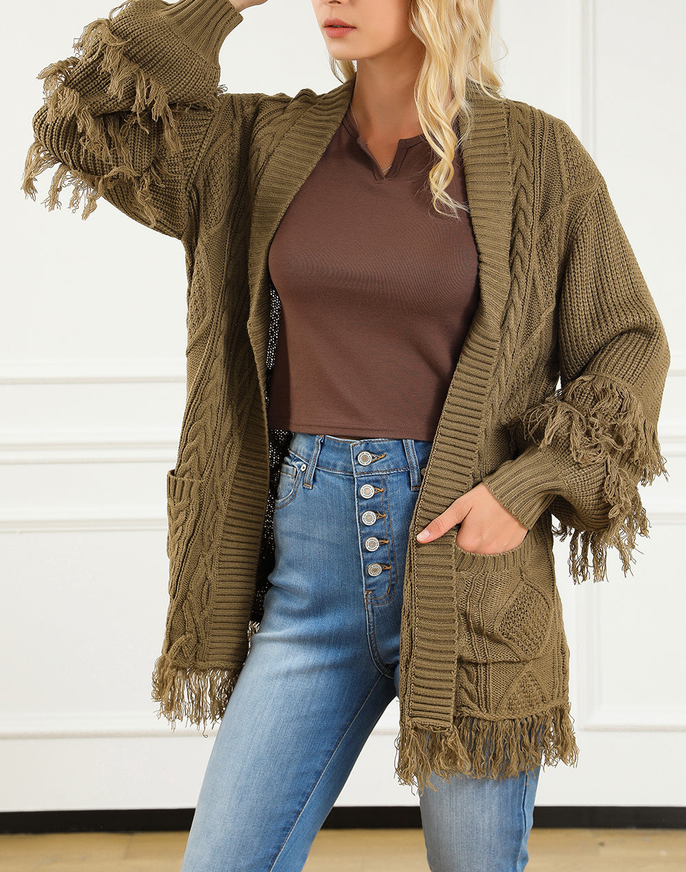 Fringe Trim Cable Knit Open Cardigan