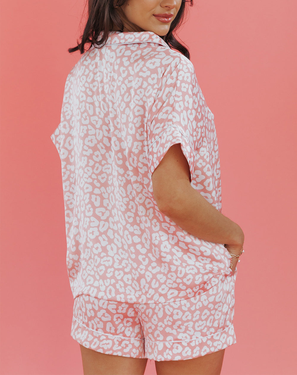 Pink Leopard Satin Shirt and Shorts Pajama Set