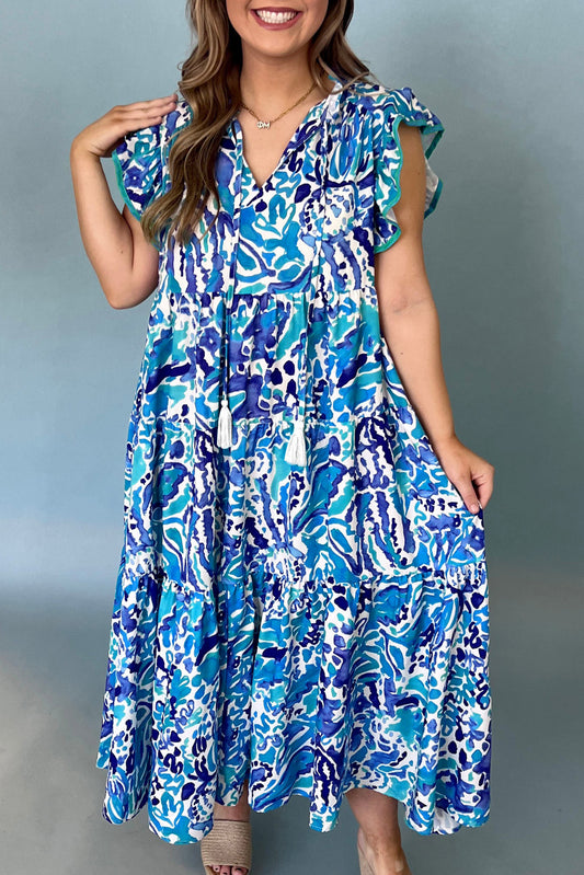 Plus Abstract Print Split Neck Ruffled Sleeve Tiered Long Dress