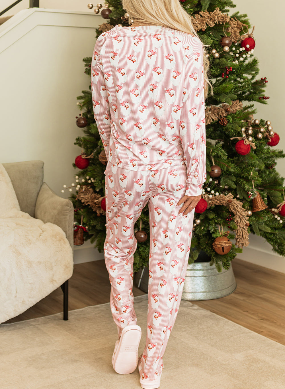 Santa Claus Striped Print Loose Fit Two Piece Lounge Set