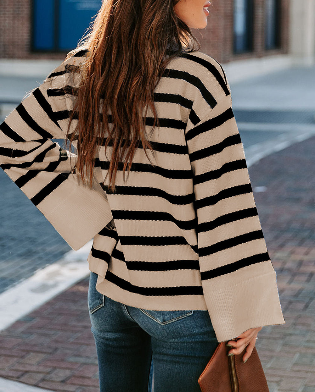 Striped Mock Neck Bell Sleeve Knit Sweater