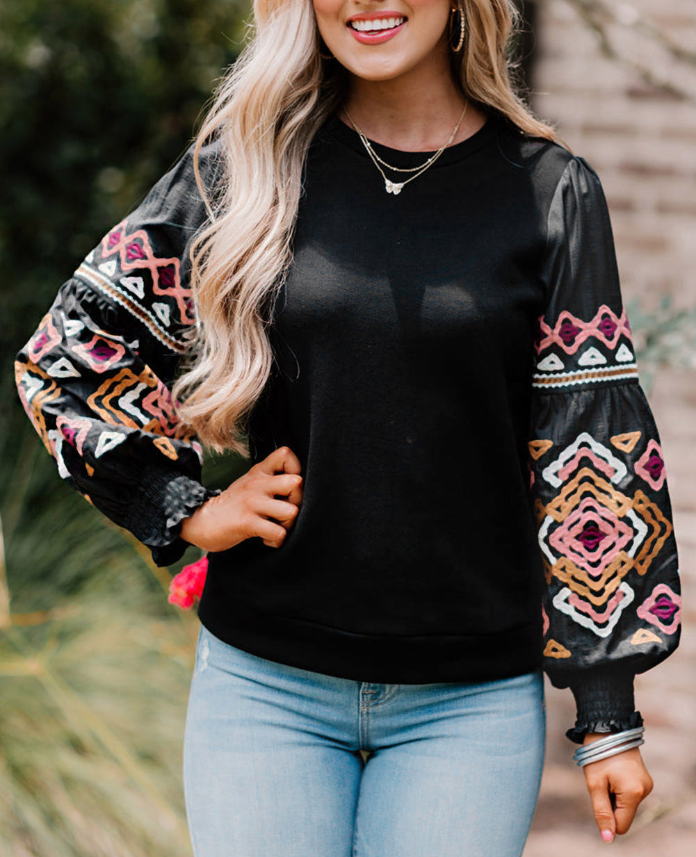 Printed Balloon Sleeve Crew Neck Blouse
