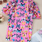 Butterfly Print Ruffled Puff Sleeve Tied V Neck Blouse