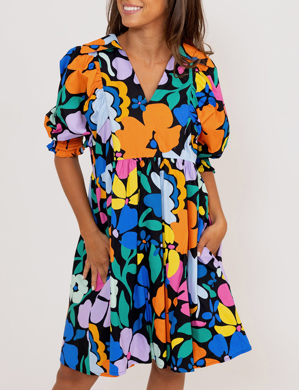 Collared Split Neck Floral Flared Dress