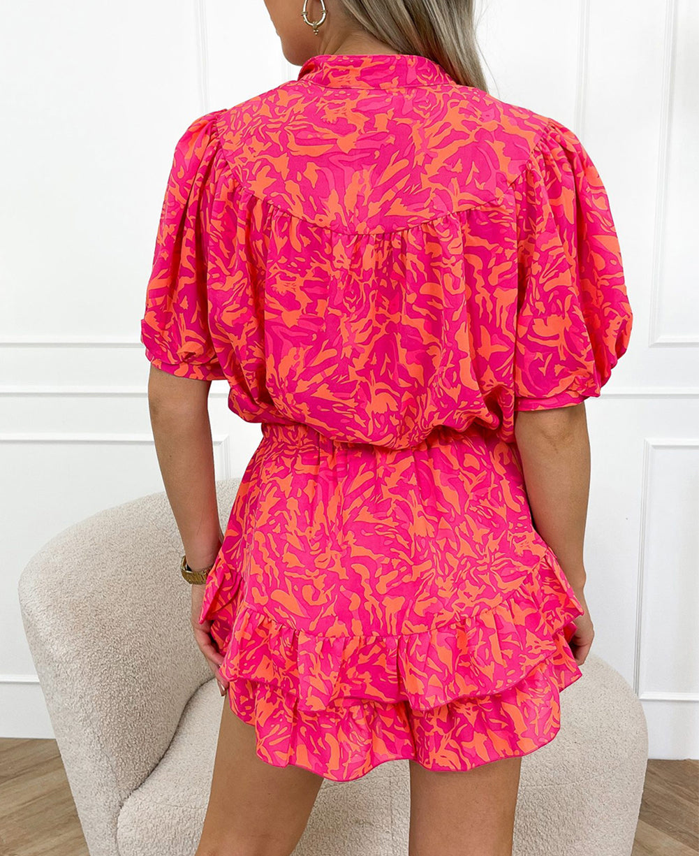 Abstract Print Puff Short Sleeve Ruffled Mini Dress