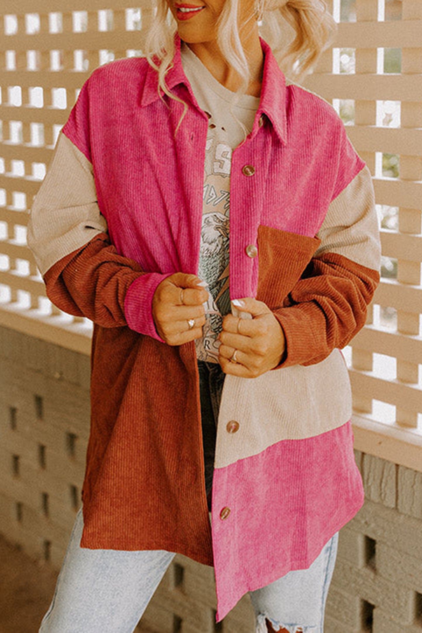 Colorblock Curved Hem Corduroy Shacket with Pocket