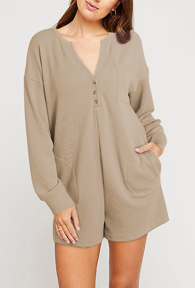 Brushed Ribbed Button Split V Neck Long Sleeve Romper