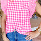Checkered Ruffled Sleeve Frilled Neck Blouse