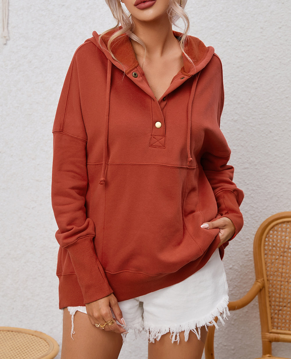 Oversized Snap Buttons Thumb Hole Pullover Hoodie