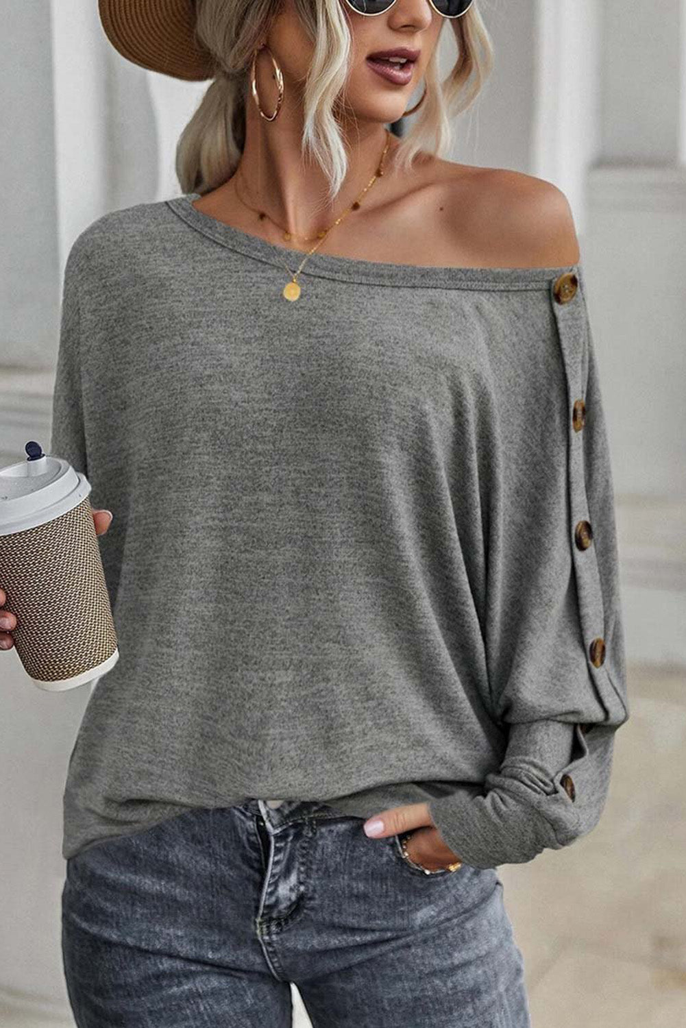 Solid Color Button Decor Dolman Sleeve Top
