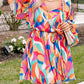 Plus Size Abstract Print Oversized Sleeve Belted Dress
