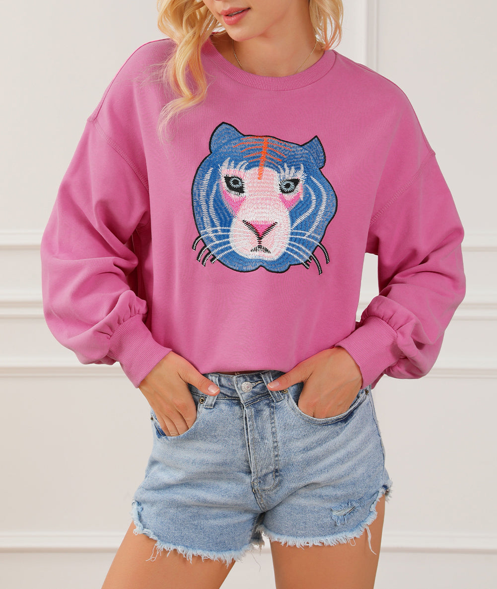 Chic Tiger Embroidered Casual Sweatshirt