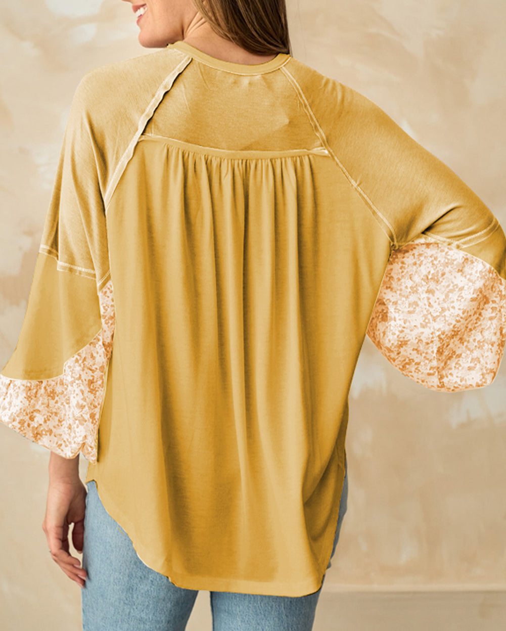 Floral Colorblock Balloon Sleeve Exposed Seam Blouse