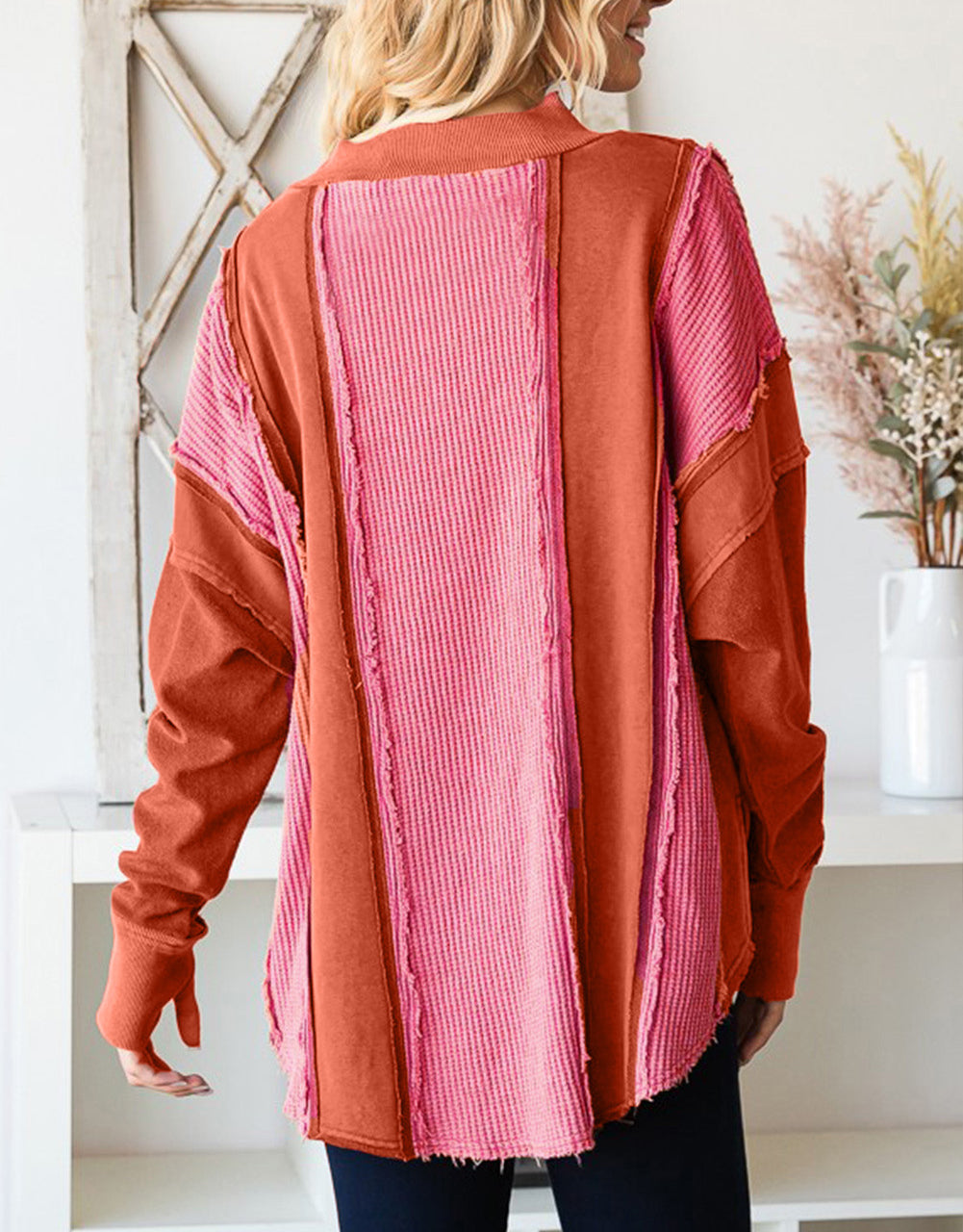 Waffle Knit Ripped Exposed Seam Patchwork Top with Thumbhole