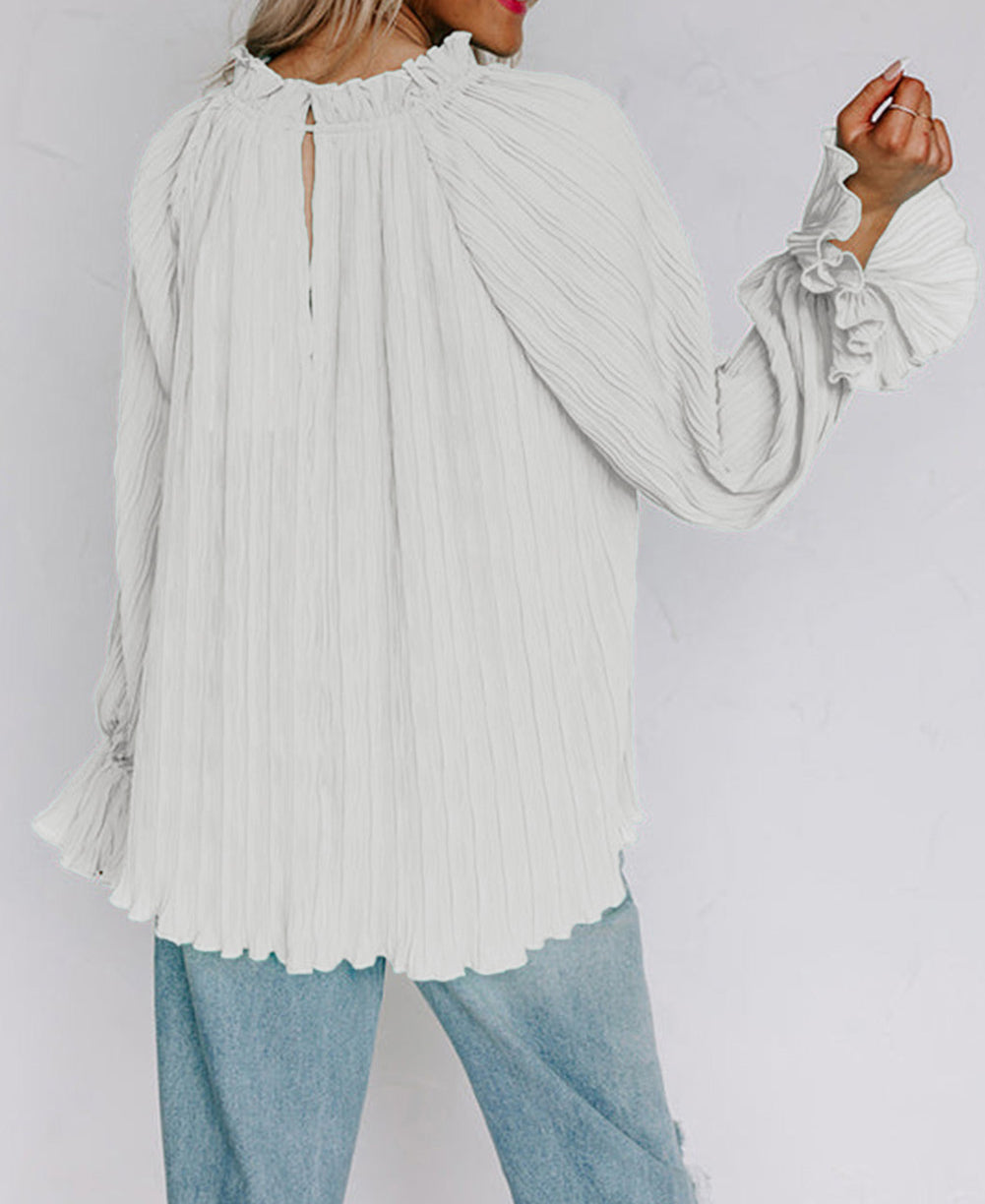 Striking Pleated Flared Cuff Long Sleeve Blouse