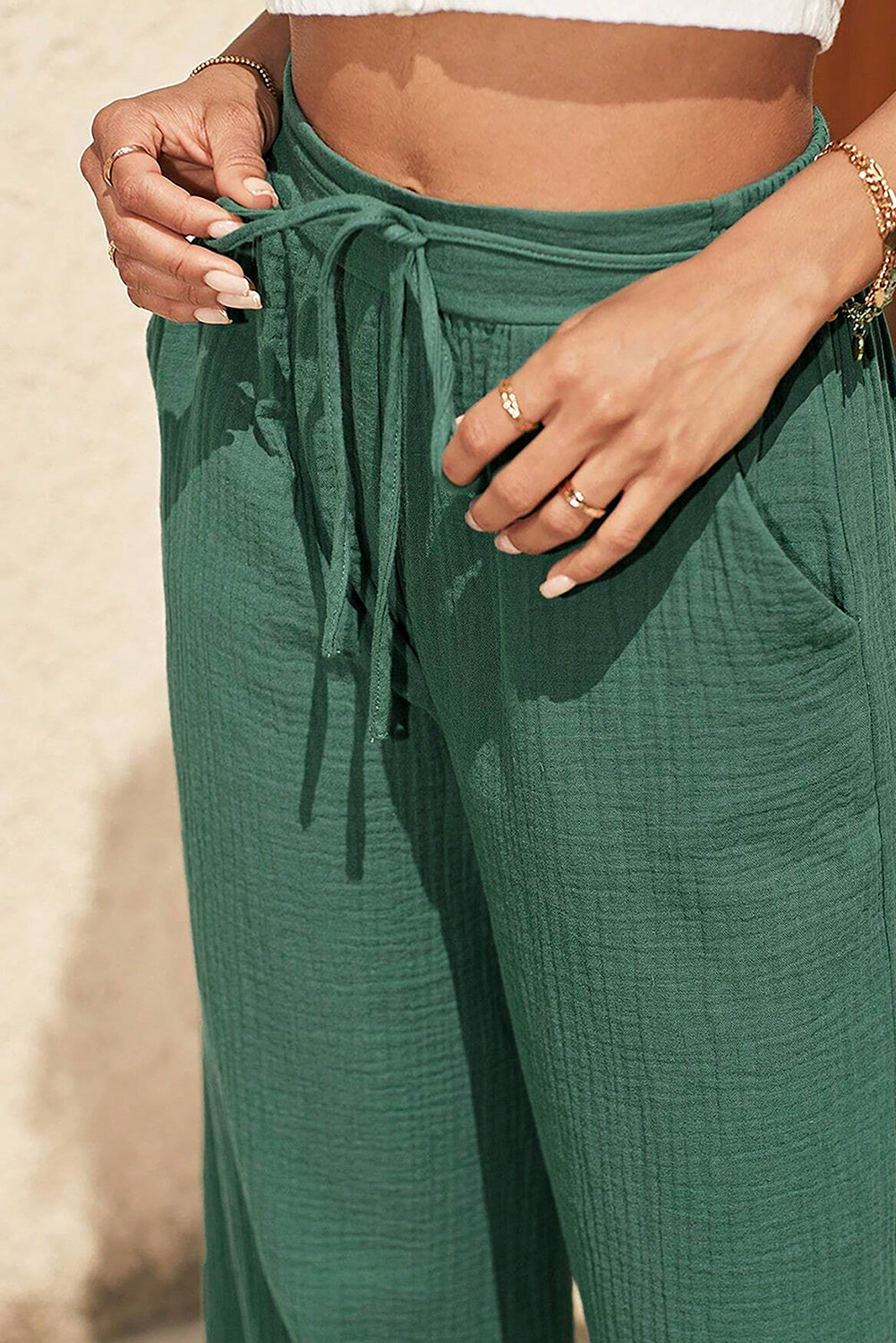 Crinkle Textured Drawstring High Waist Wide Leg Pants