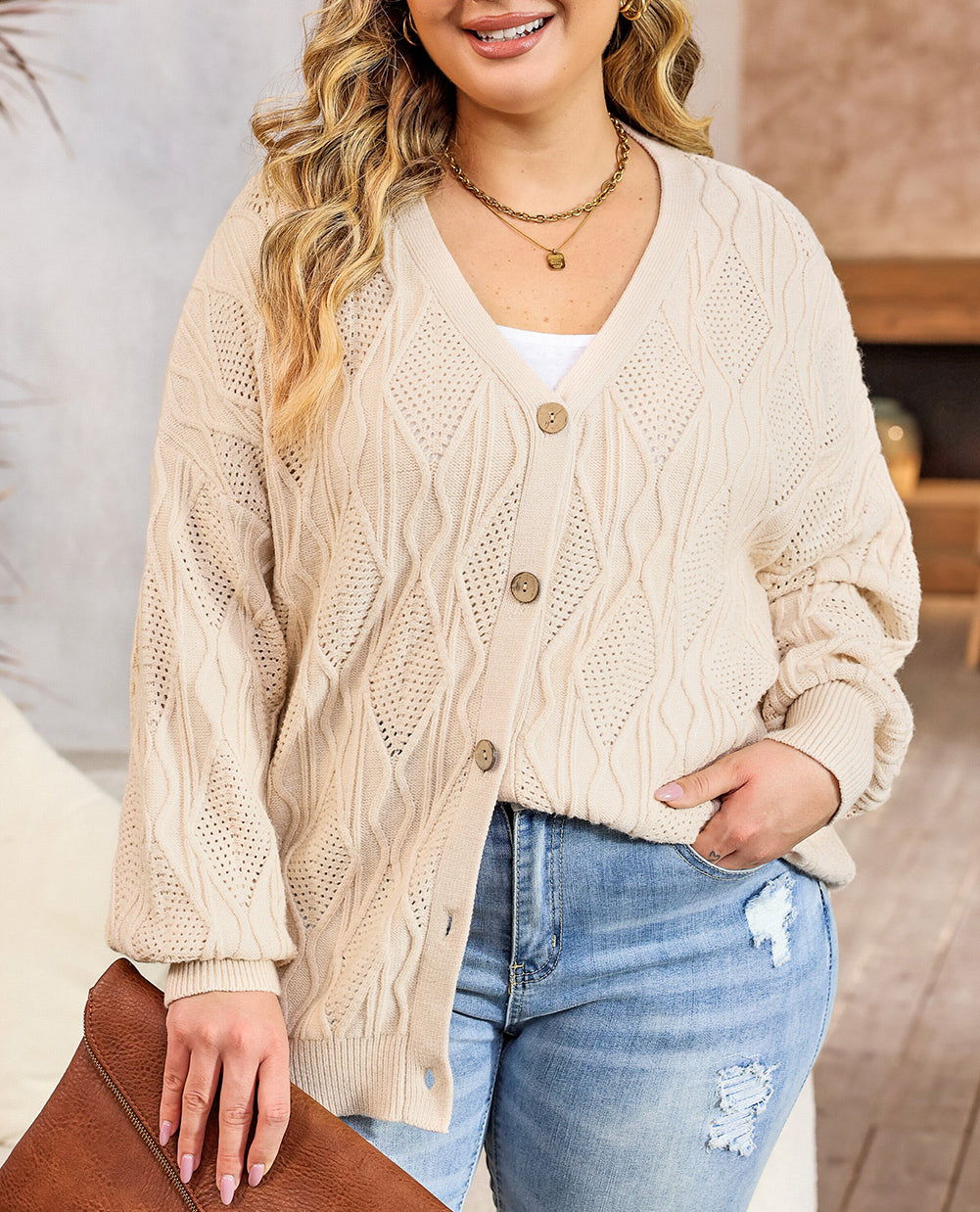 Plus Size Knitted Hollow out Button up Cardigan