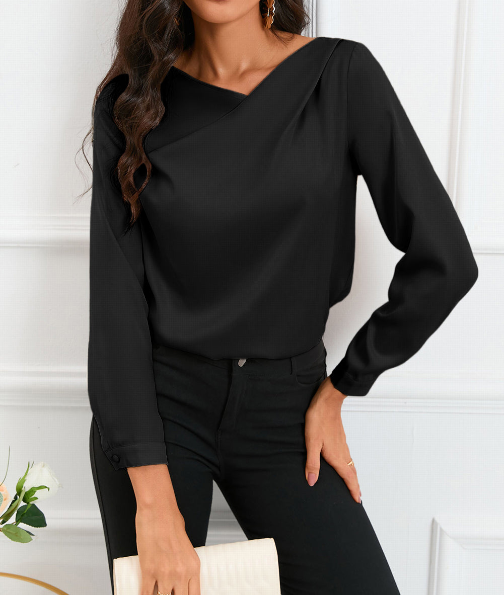 Solid Asymmetric V Neck Long Sleeve Satin Blouse