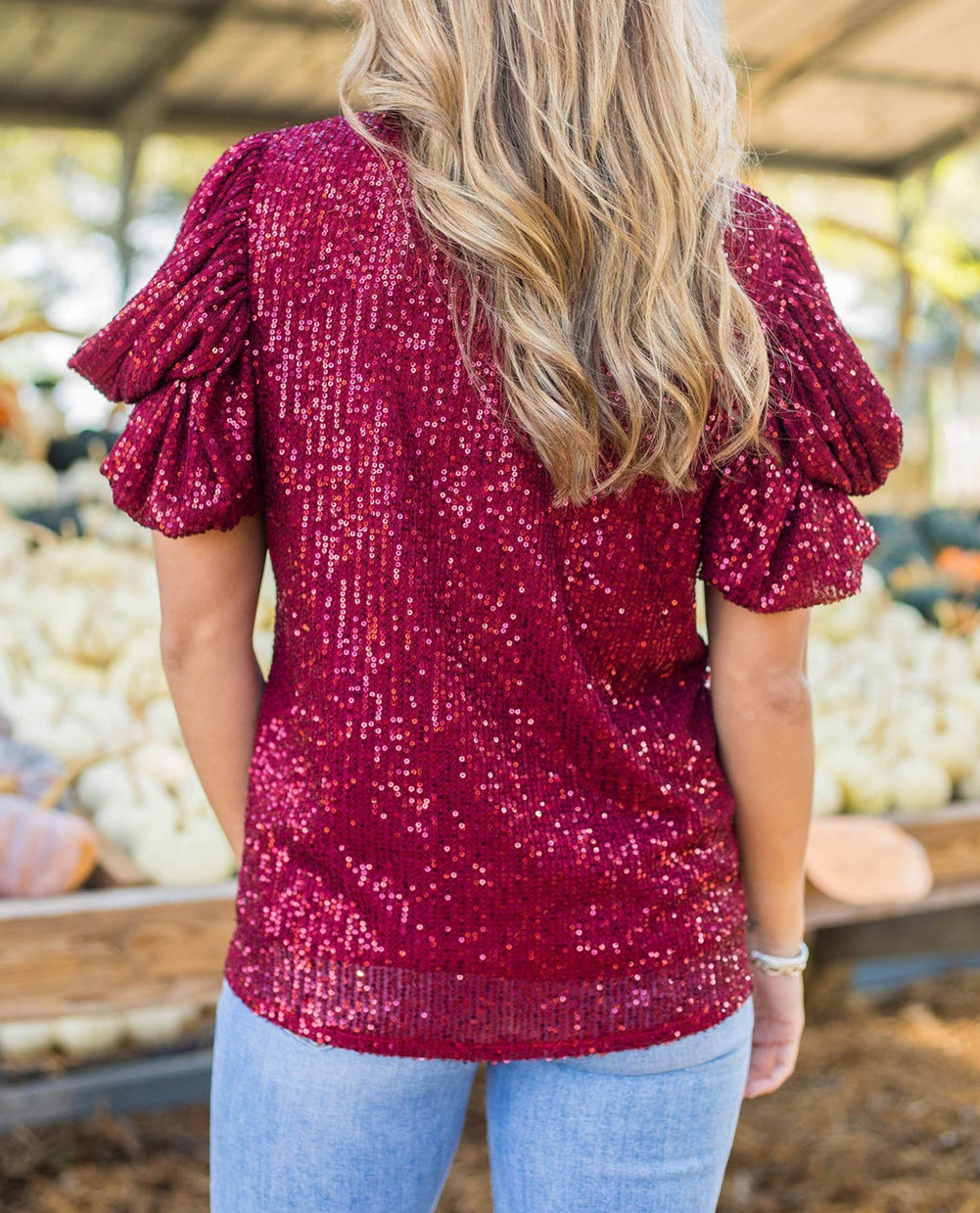 Glittering Sequin Short Bubble Sleeve Blouse