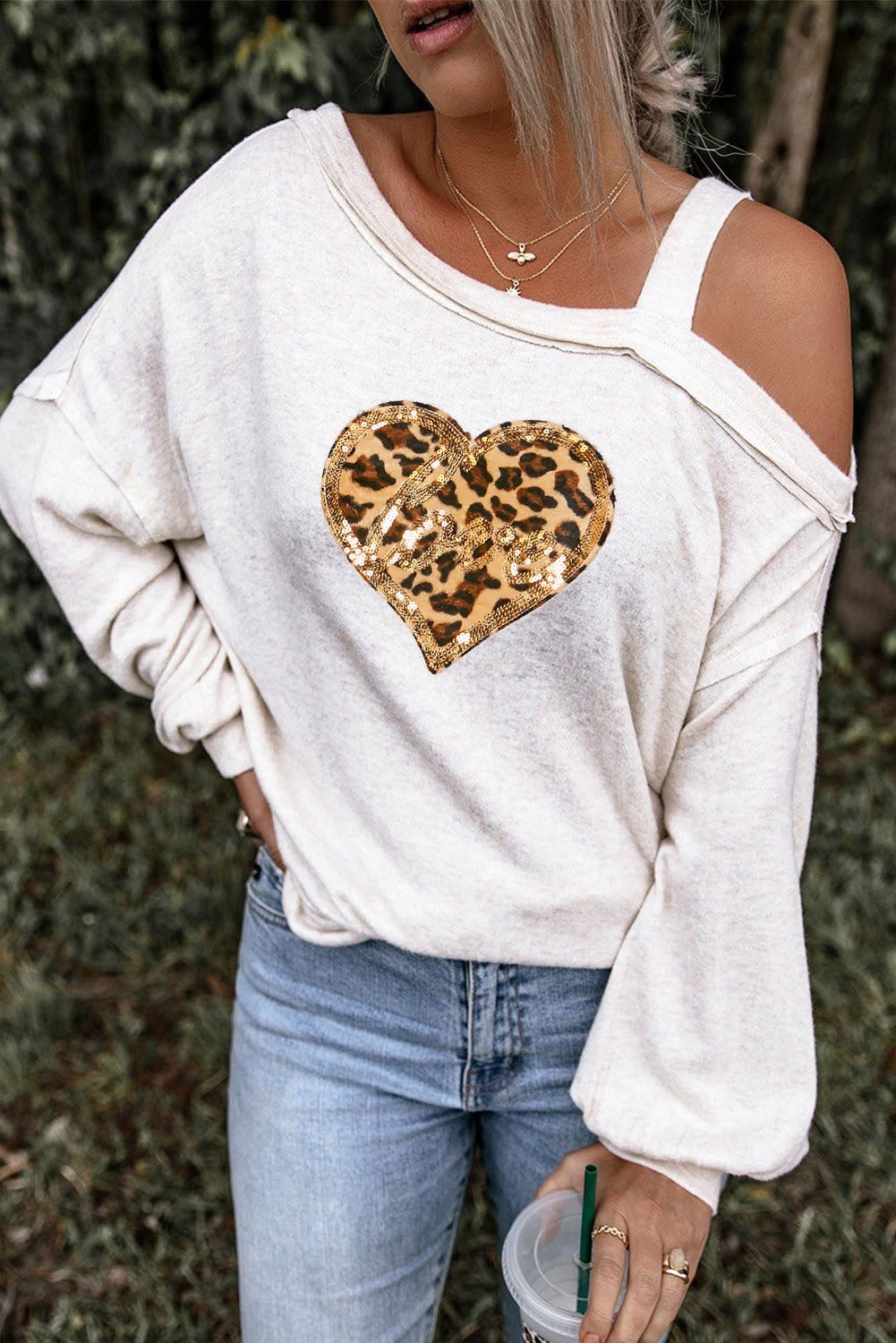 Leopard Sequined Love Heart One Shoulder Top